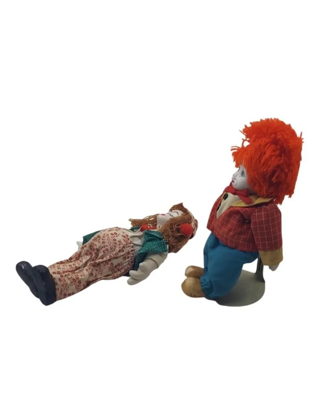 Porcelain Hobo Clown Figurine Doll w/ Display Stand Set of 4 Vintage Collectible